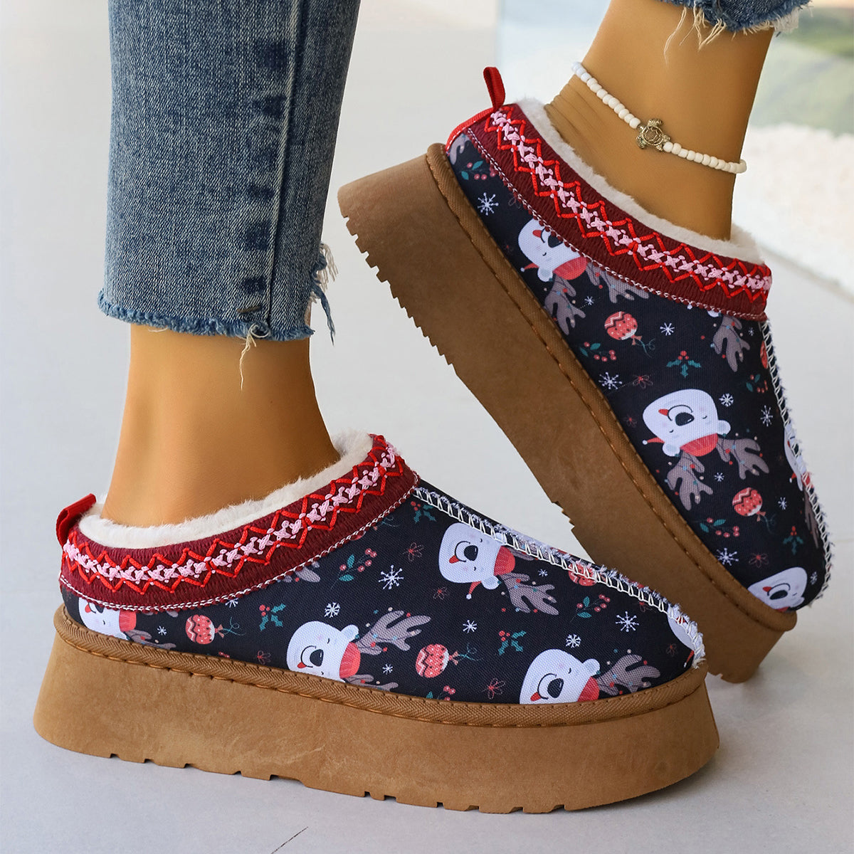 Women's Cartoon Christmas Print Ankle Boots