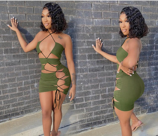 Irregular Drawstring Hollow-Out Mini Dress