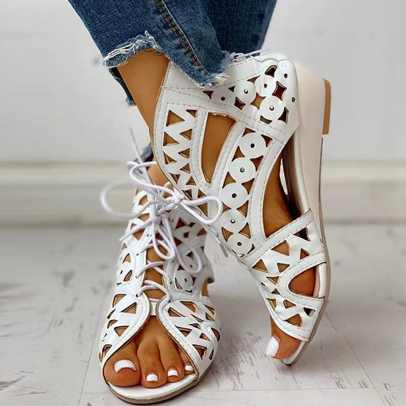 Low-Heel Lace-Up Fashion Cutout Sandals For Women