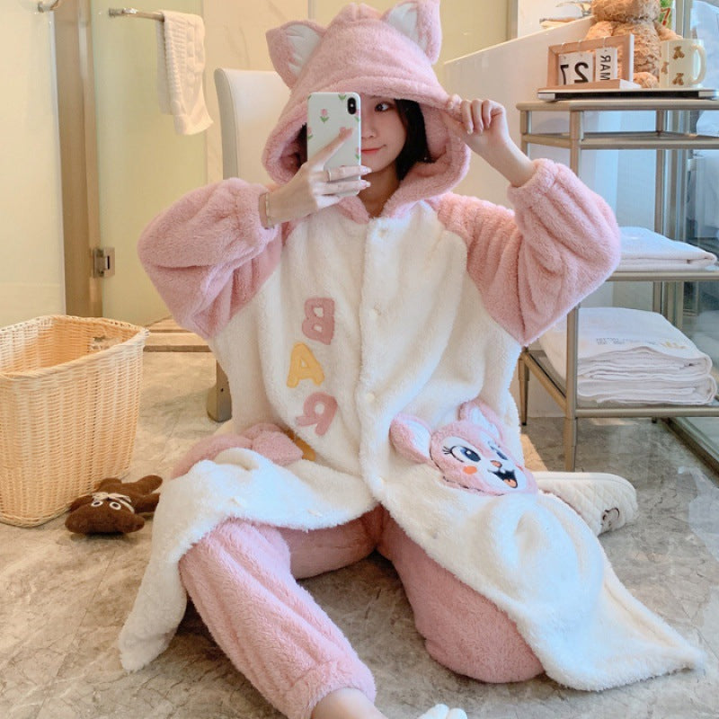 Plush Flannel Cartoon Cute Hooded Pyjamas