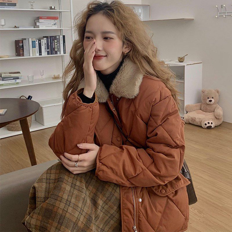 Loose Rhombus Bread Coat Stitching Fur Collar Warm Thickened Cotton-padded Jacket Coat For Women