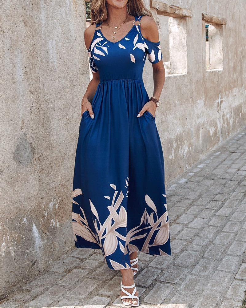 Shoulder-Baring Printed Long Dress