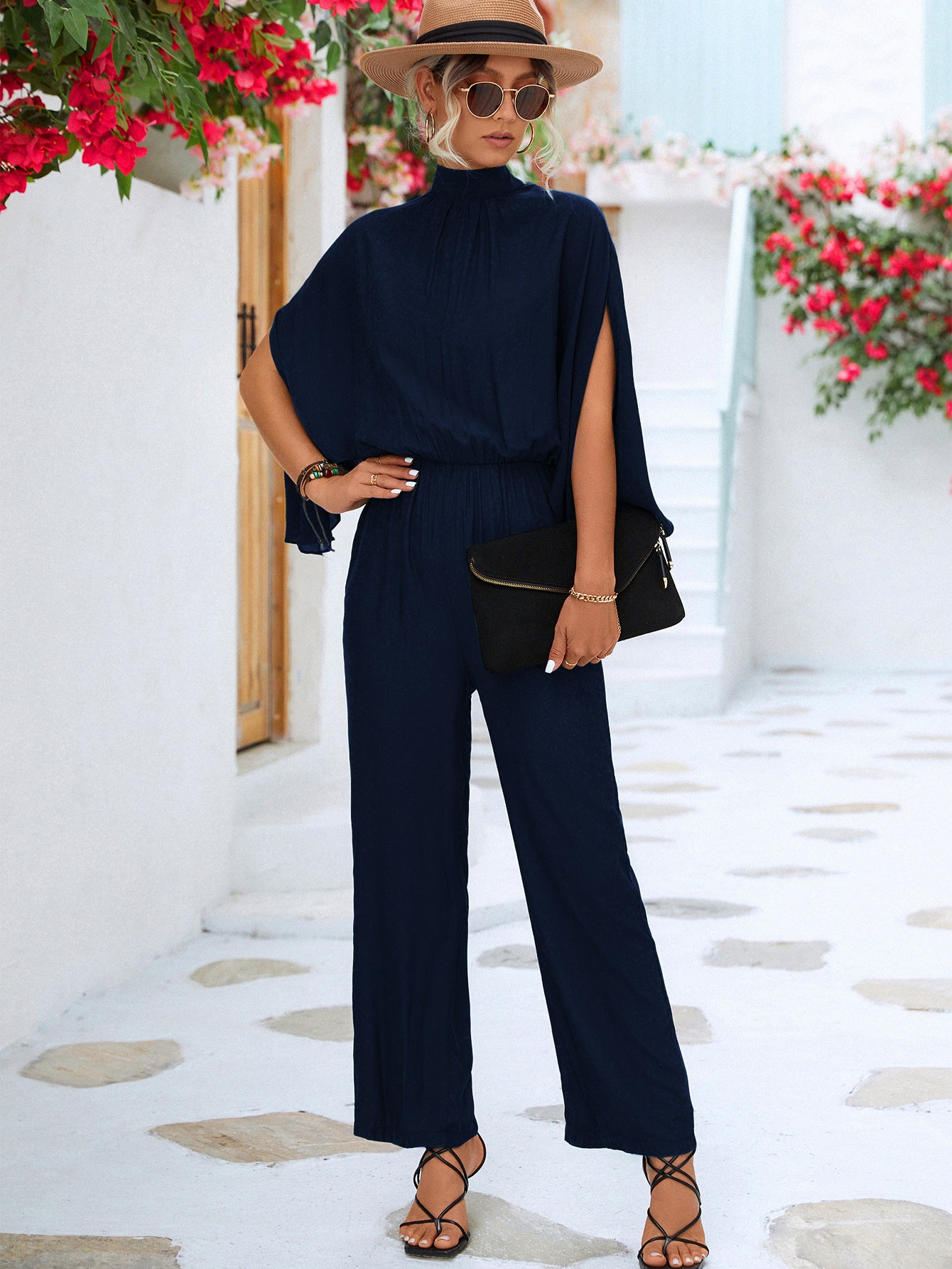 Stand-Collar Jumpsuit With Loose Split Long Sleeves