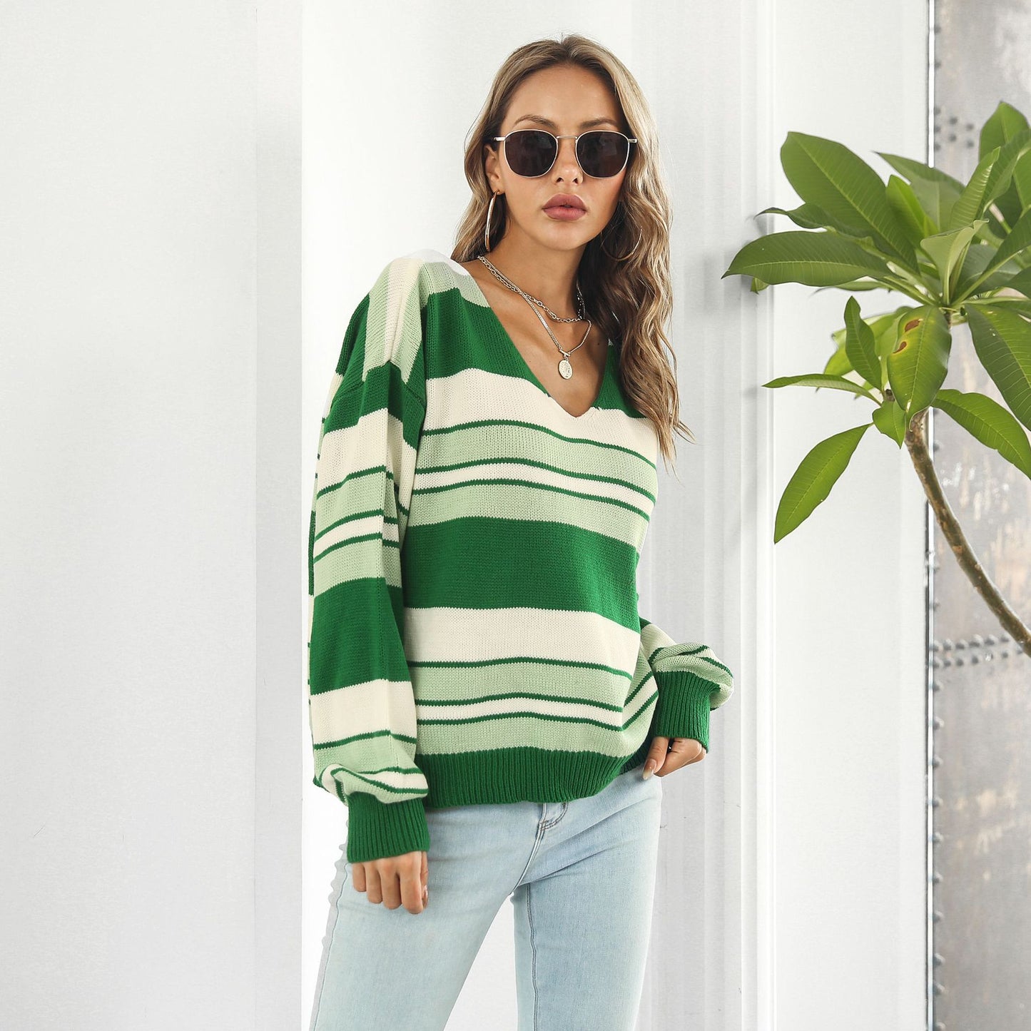 Loose Striped V-Neck Long-Sleeved Women's Sweater