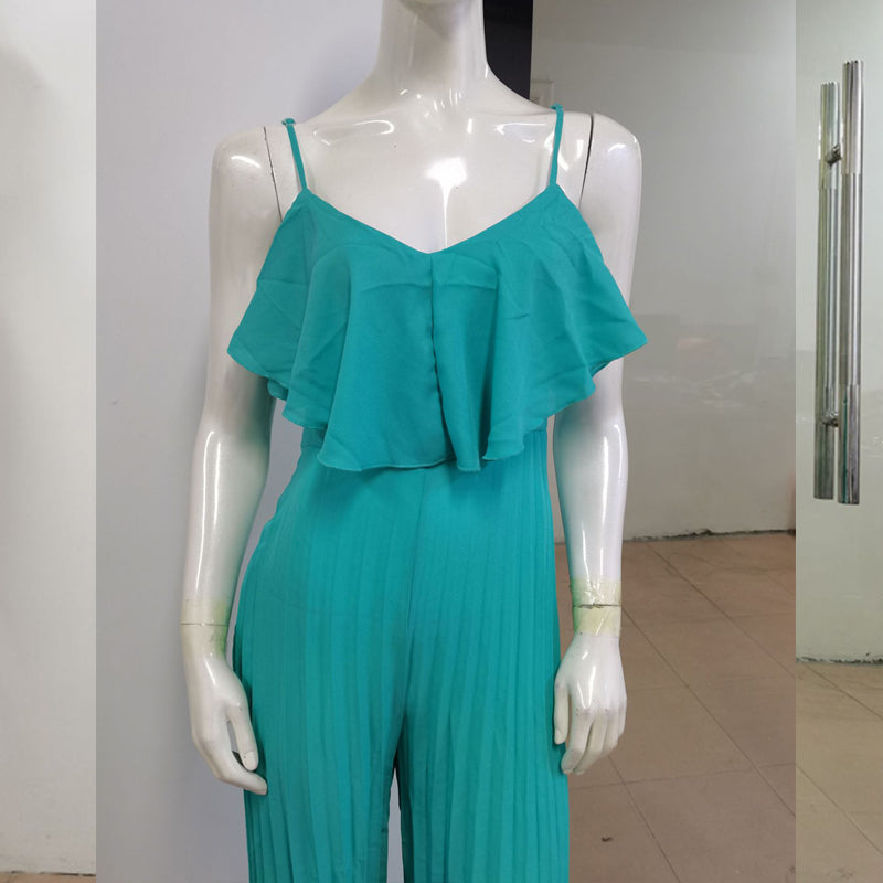 Suspender Pleated Wide-Leg Ruffled Jumpsuit