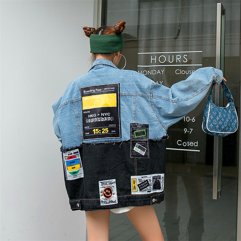 Personality Stitching Graffiti Patch Denim Loose Jacket Women