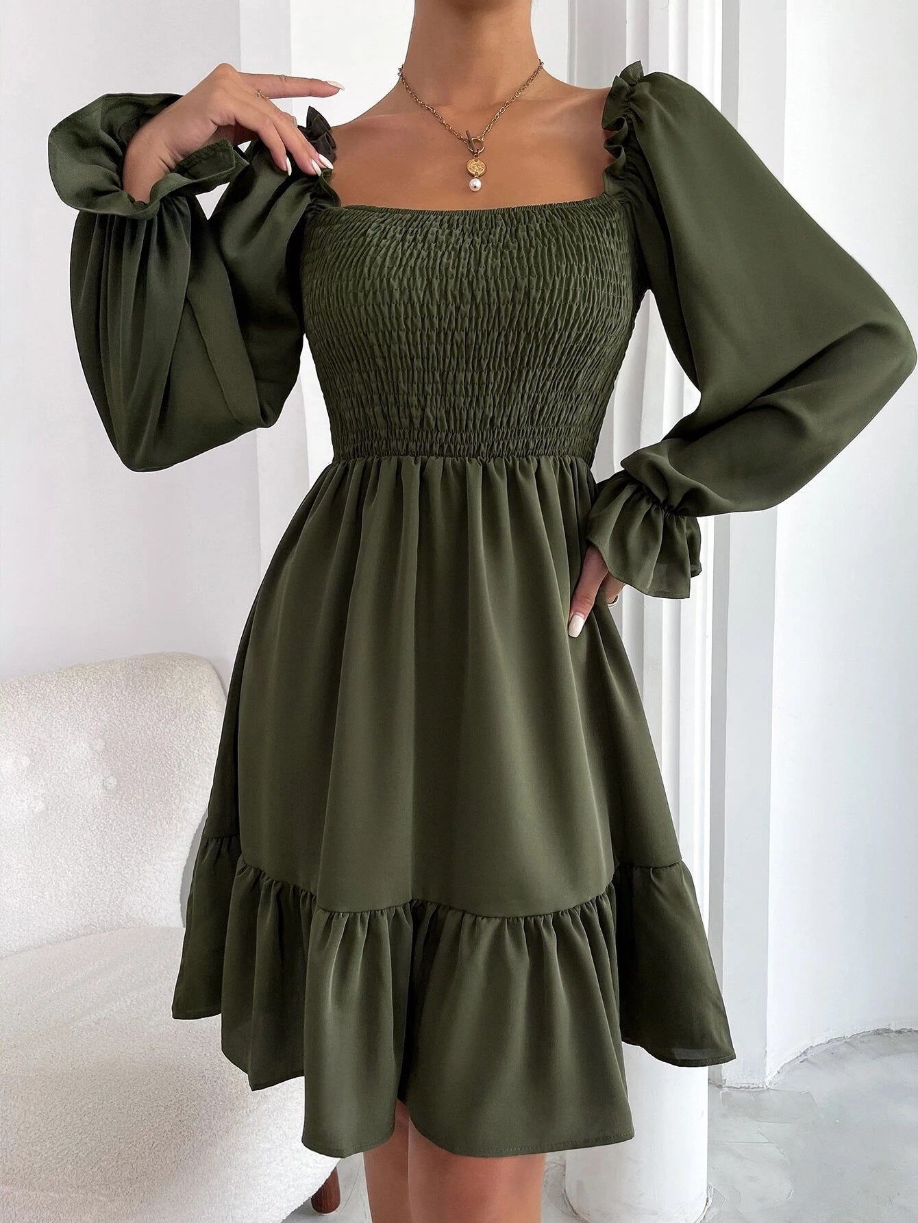 Flared Long-Sleeve Square-Neck Ruffled Swing Dress