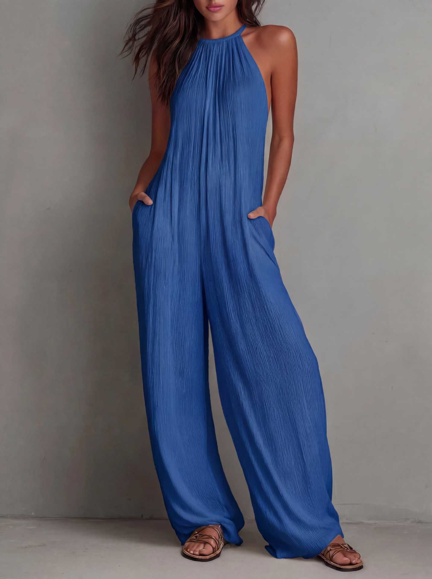 Resort-style White Pleated Open-back Wide-leg Jumpsuit