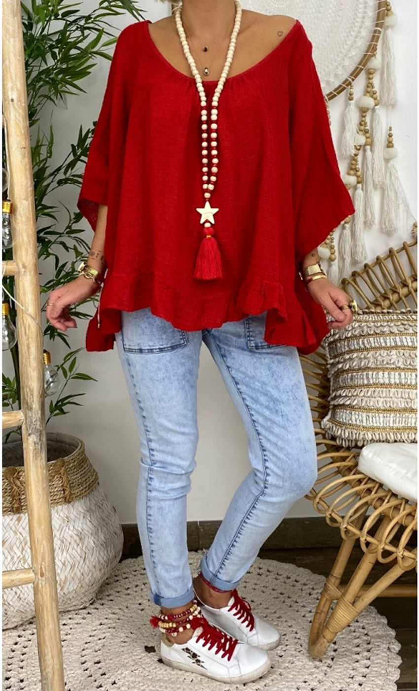 Round-Neck Ruffled Solid-Colour Loose Top
