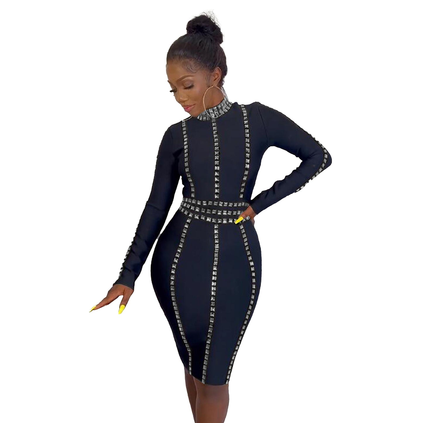 Tight Slim-Fit Rhinestone Stretch Midi Dress