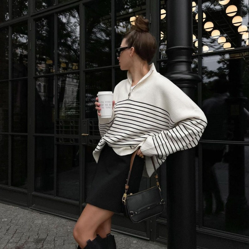 Striped Lapel Half-Open Zipper Knitted Sweater