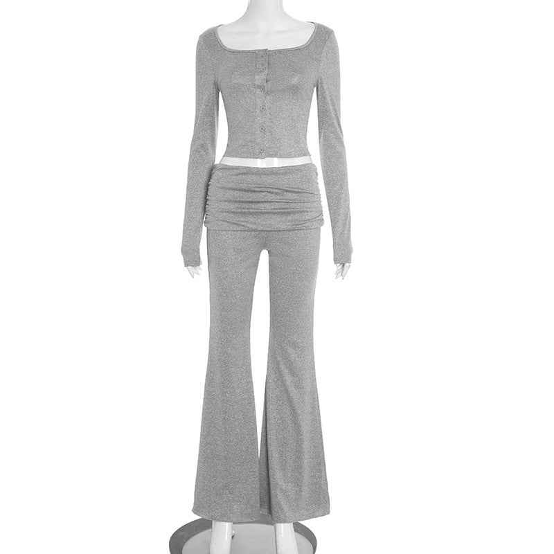 Long-sleeve Button-up Cardigan And Flared Fold-over Long Pants Casual Set
