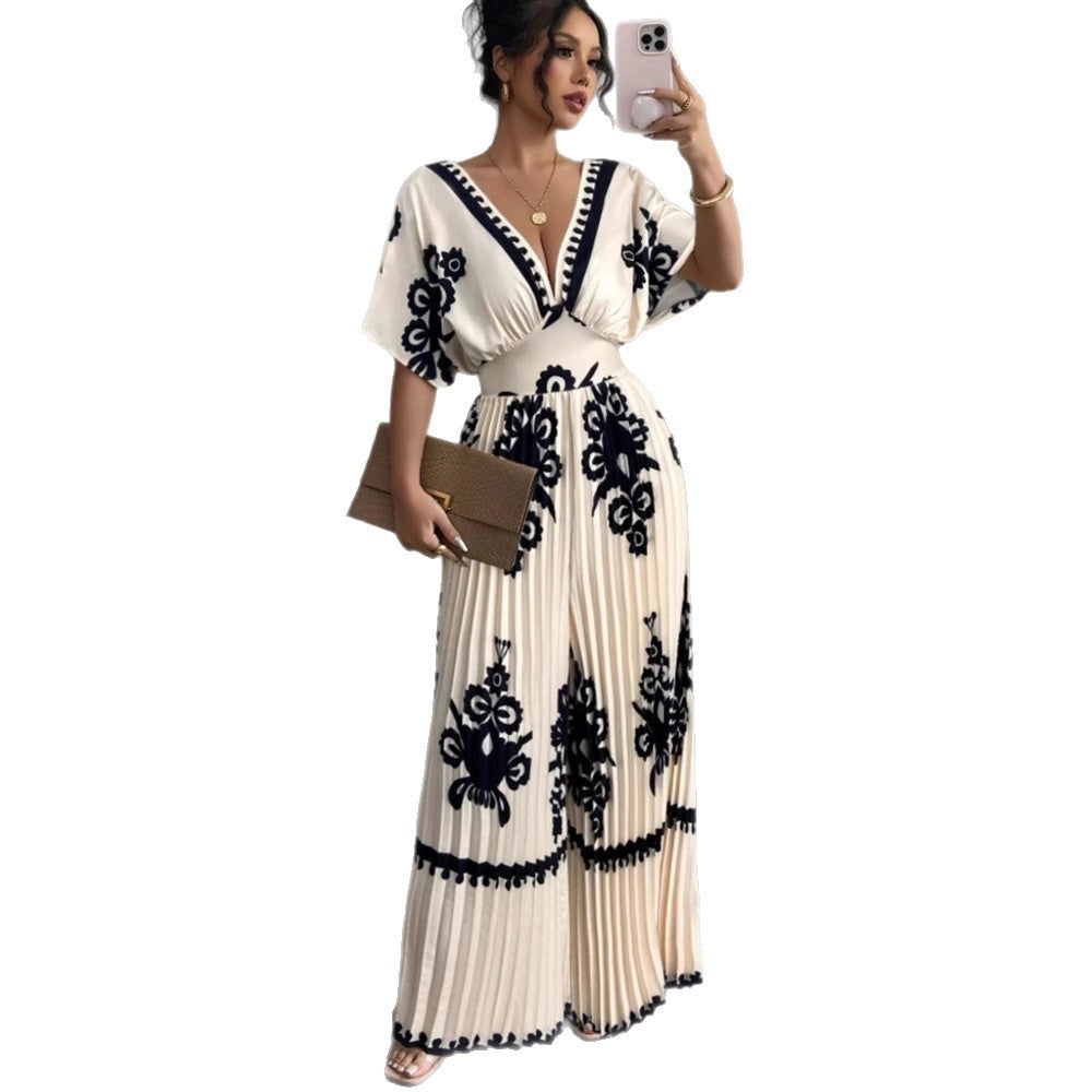 Casual Printed Loose Short-Sleeve Jumpsuit