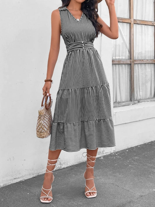 Striped Johnny Collar Sleeveless Midi Dress - US Only