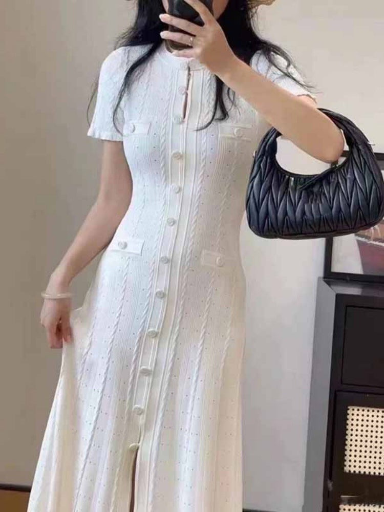 French Style Temperament Ladies Short Sleeve Wooden Ear Hollow Thread Single-breasted Knitted Dress