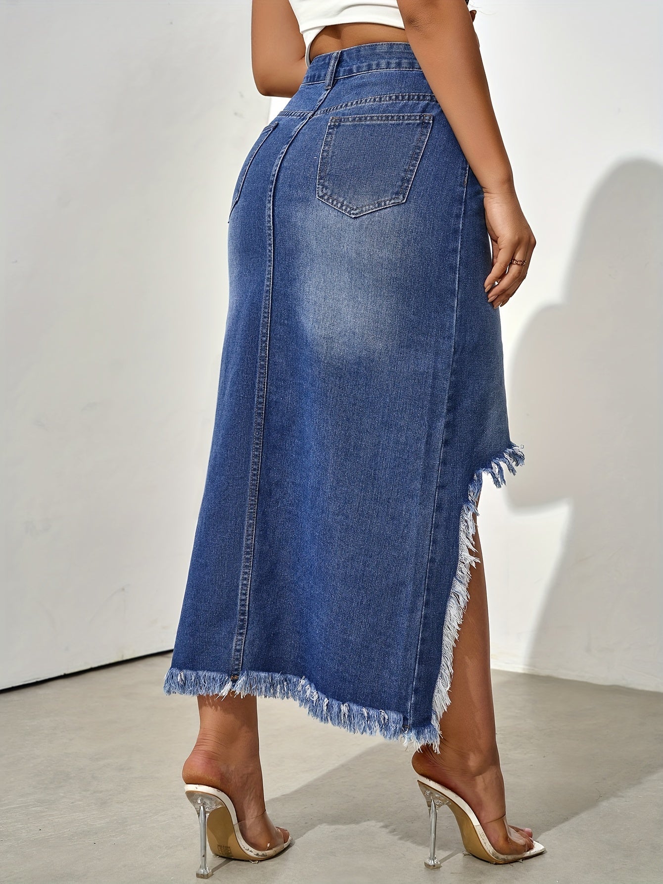 Asymmetric Raw-Hem Distressed Plain Washed Denim Skirt