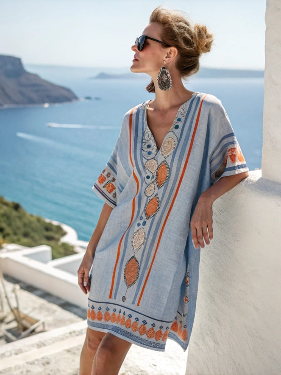 Loose Printed V-Neck Casual Holiday Dress