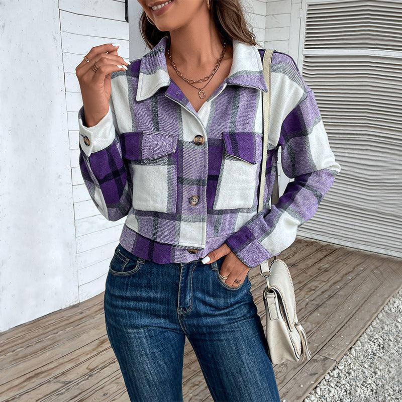 Plaid Lapel Cropped Jacket With Pockets