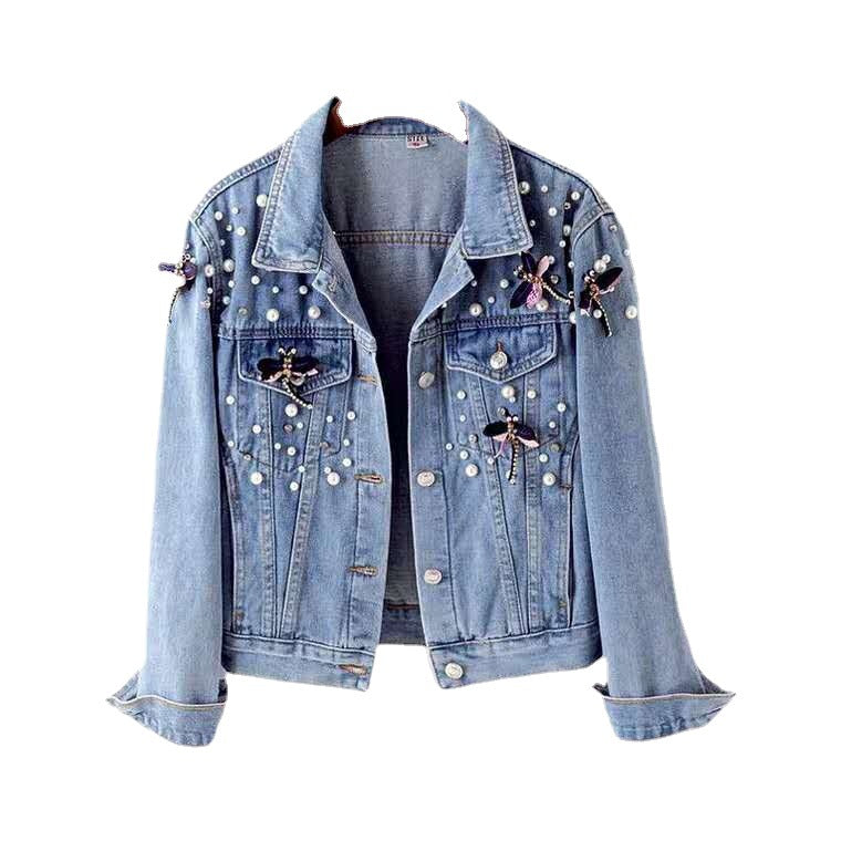 Dragonfly-Beaded Loose Short Denim Jacket