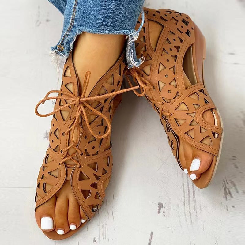 Low-Heel Lace-Up Fashion Cutout Sandals For Women