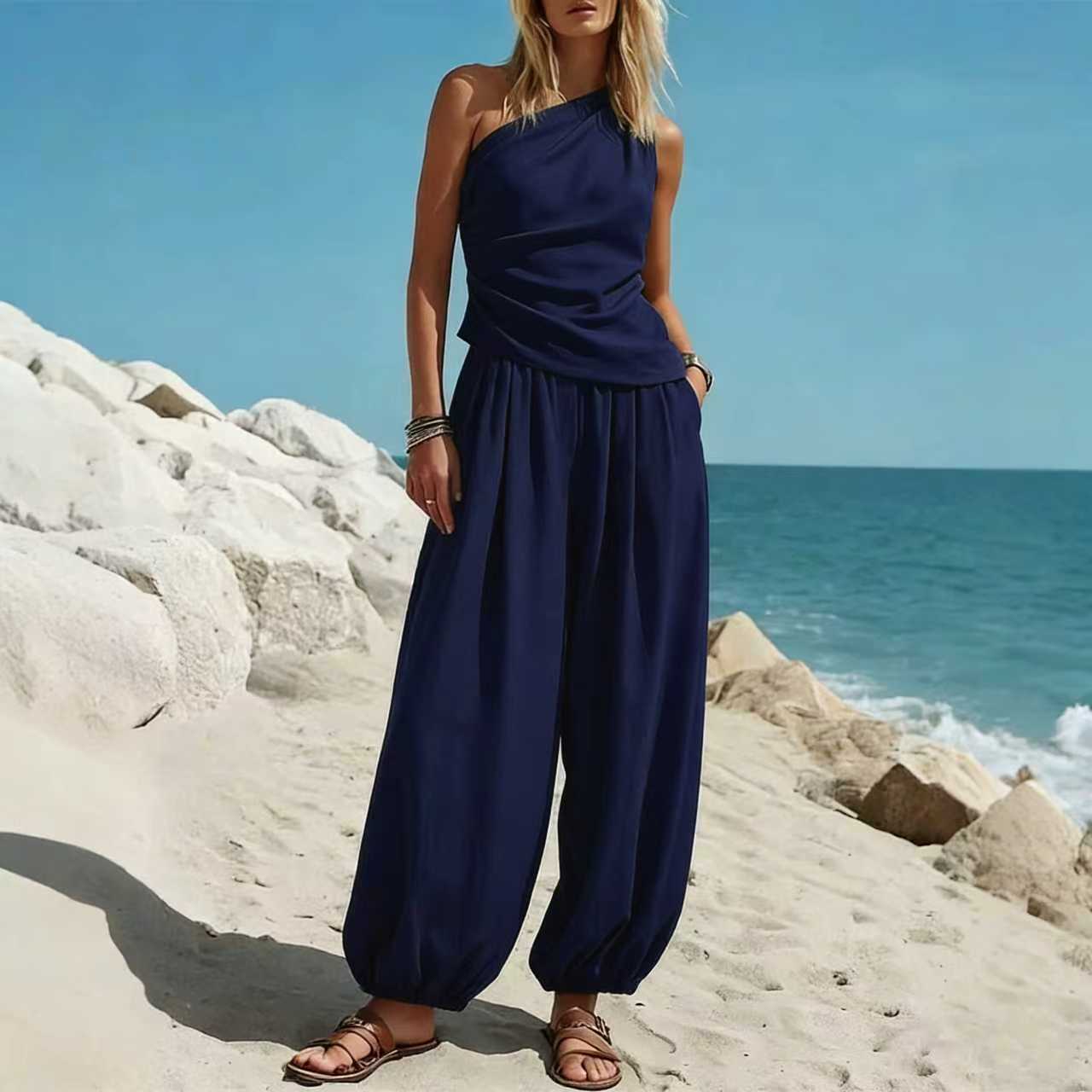 Casual Minimalist Solid-Color Sleeveless Tank Top And Loose High-Waist Pants Set For Women