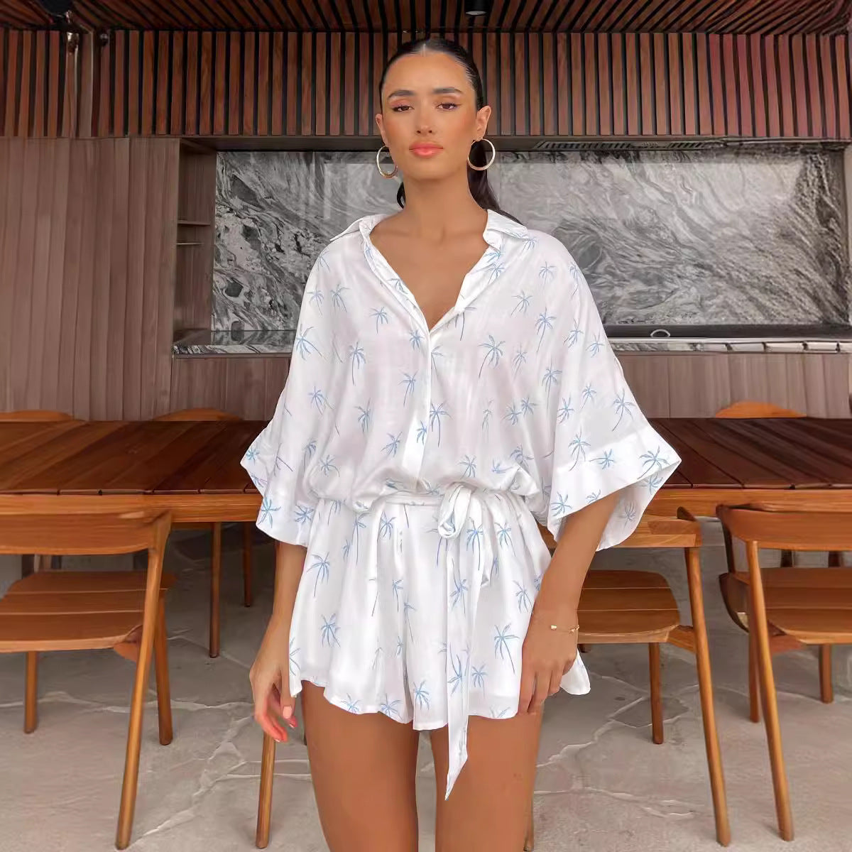 Printed Lace-Up Short Pants Jumpsuit