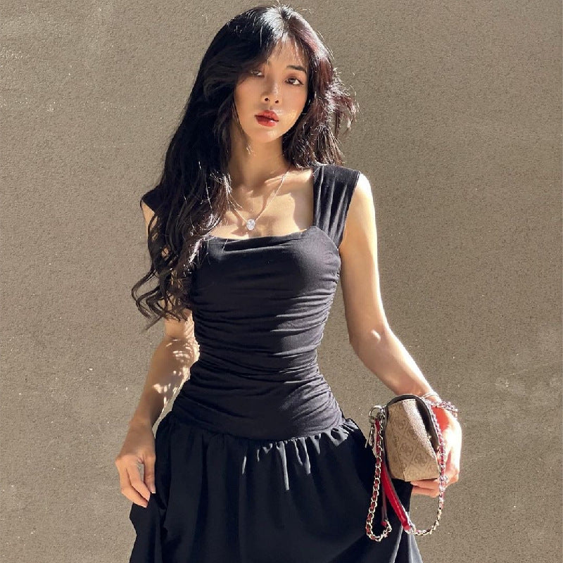 Square-Collar Pleated Large Swing Waist-Slimming Mesh Sling Dress