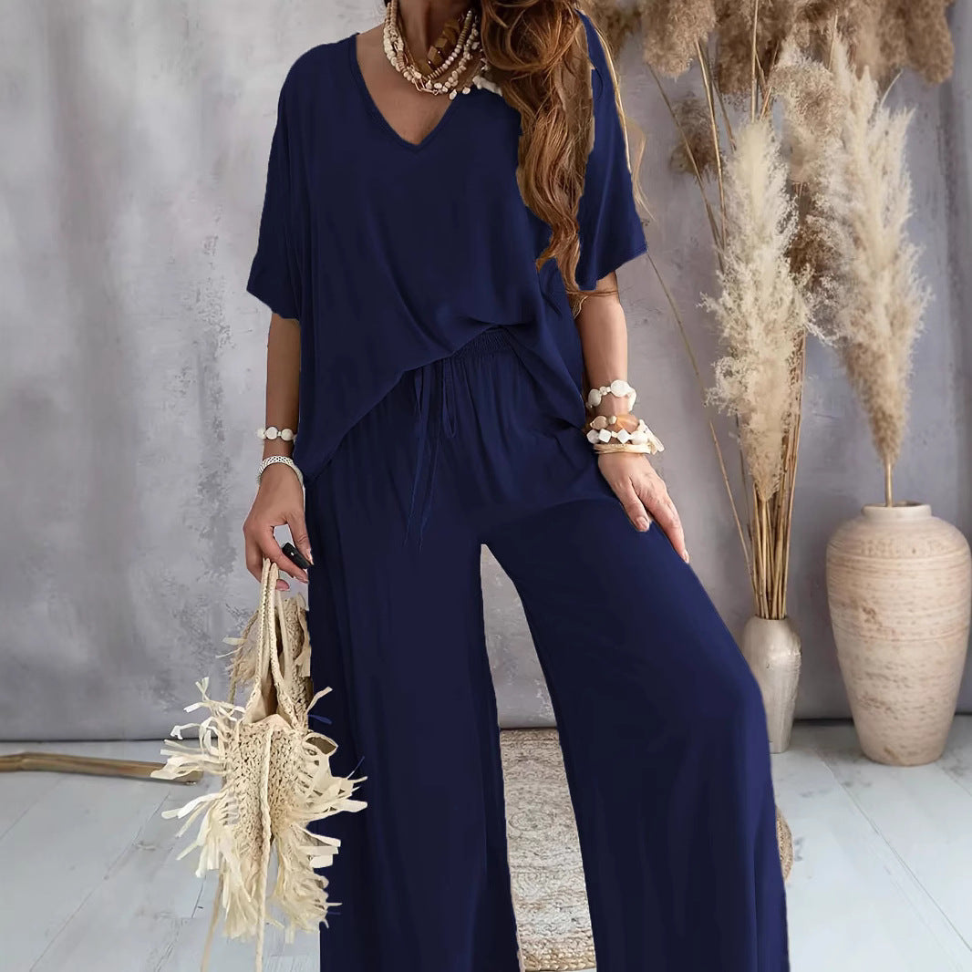 V-neck Batwing-sleeve Top And Loose Wide-leg Pants Solid-color Casual Womens Set