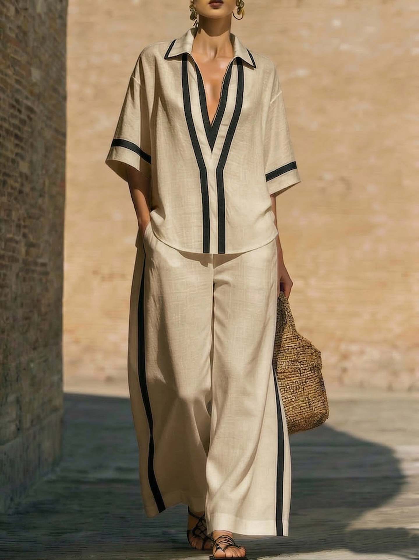 Fashionable Loose Casual Color-Block Short-Sleeve Shirt And Wide-Leg Pants Two-Piece Set