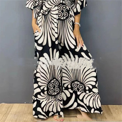 V-Neck Printed High-Waist Jumpsuit