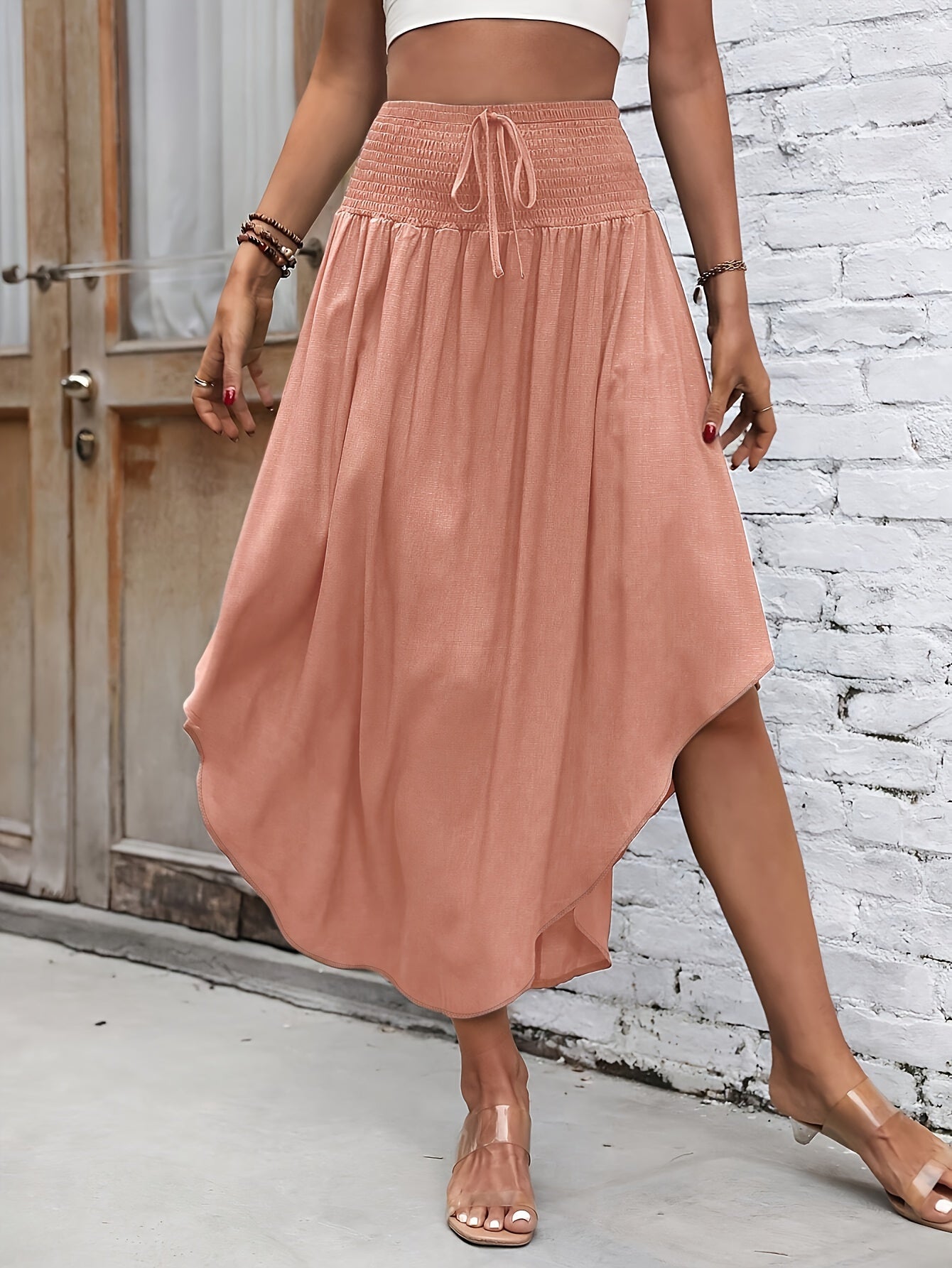 Asymmetrical Hem Tie Front Midi Skirt