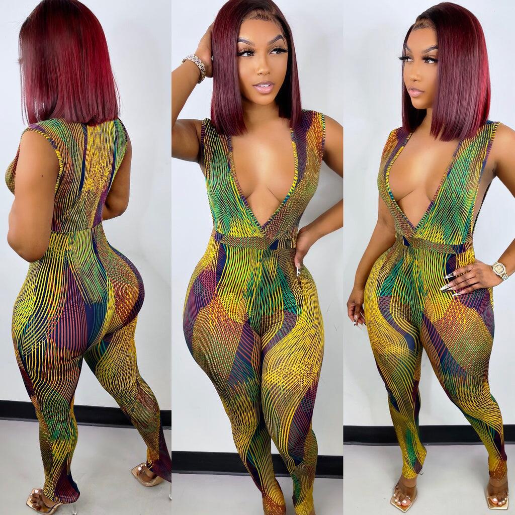 European & American Deep-V Stripe Digital Printing Jumpsuit