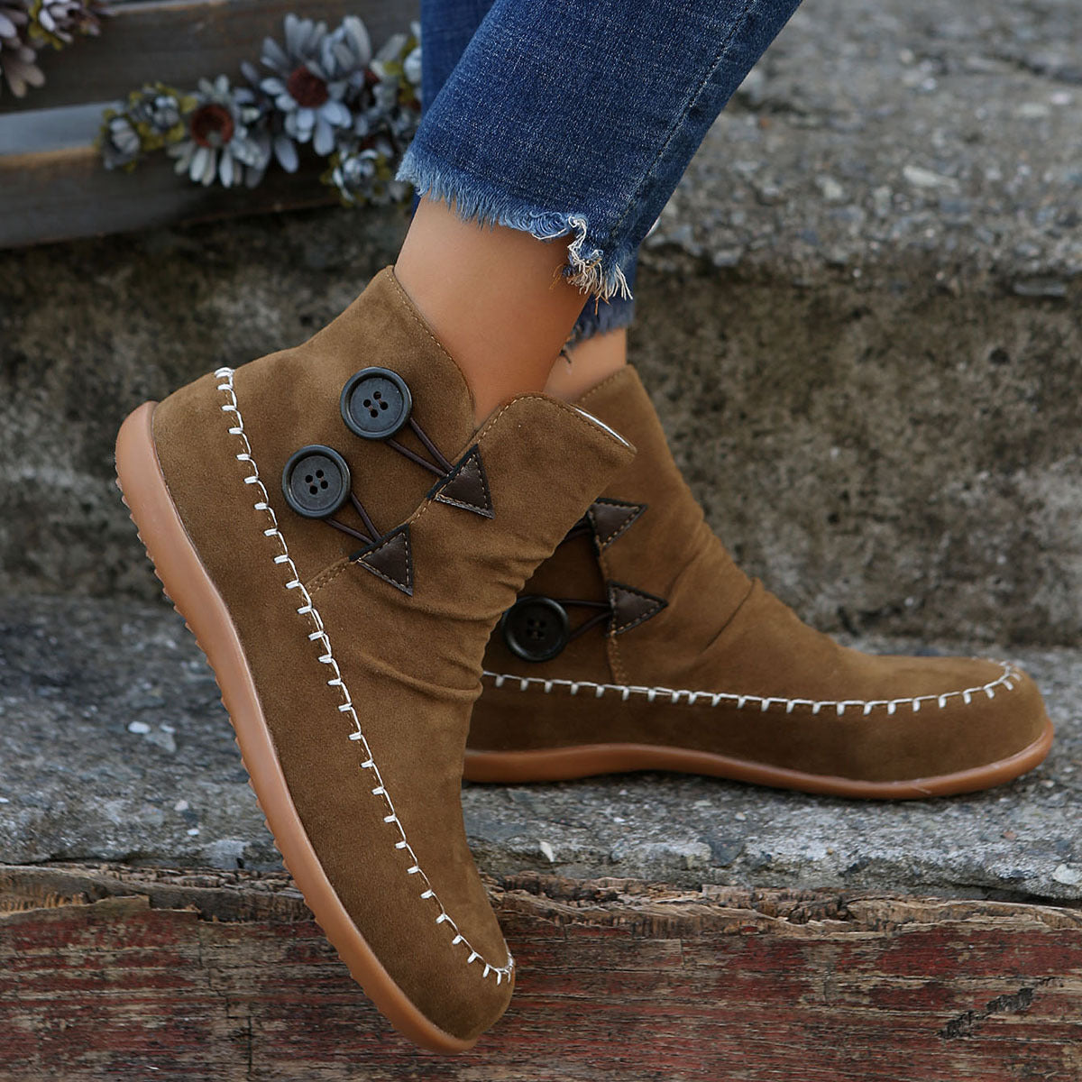 Button-Design Ankle Boots For Women