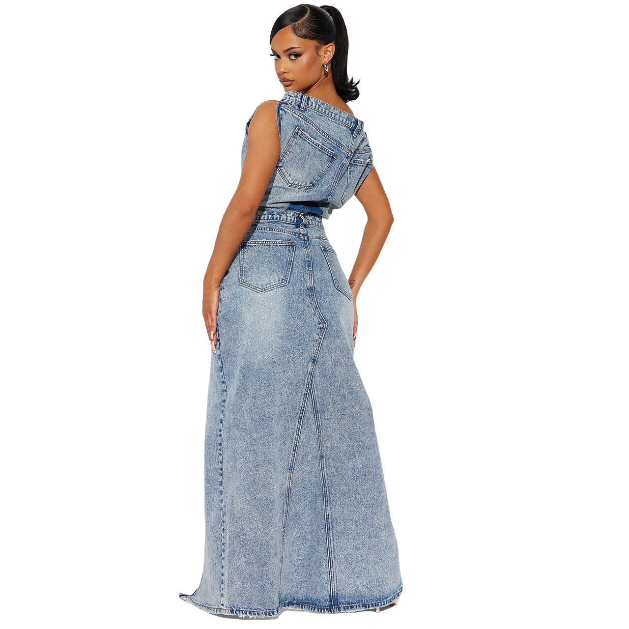 Retro Denim Casual Skirt Suit