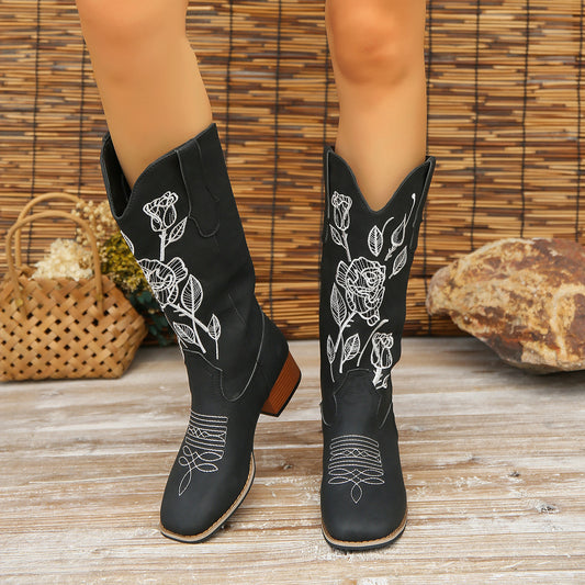 Flower Embroidered Mid-Calf Cowboy Boots For Women