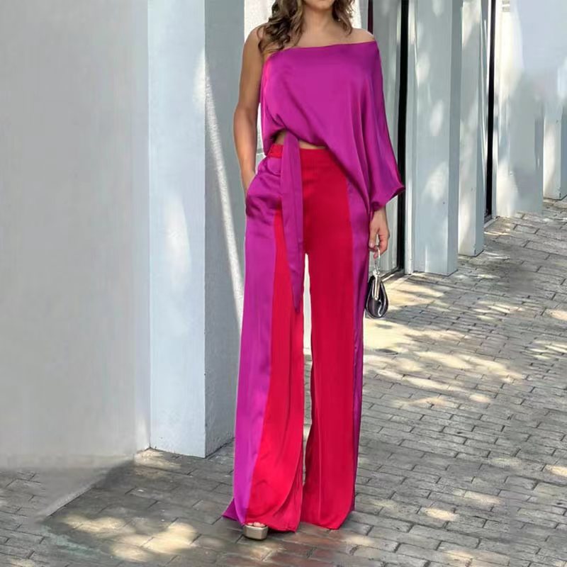 Solid-Colour Top+Pants Suit