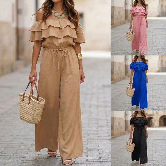 Womens Ruffled Off-Shoulder Solid Color Cinched Waist Jumpsuit