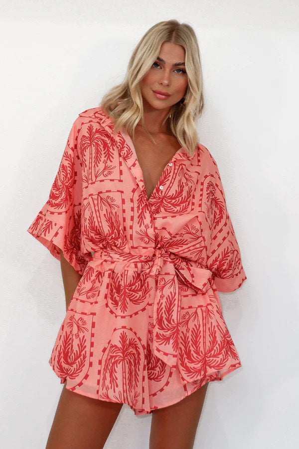 Printed Lace-Up Short Pants Jumpsuit