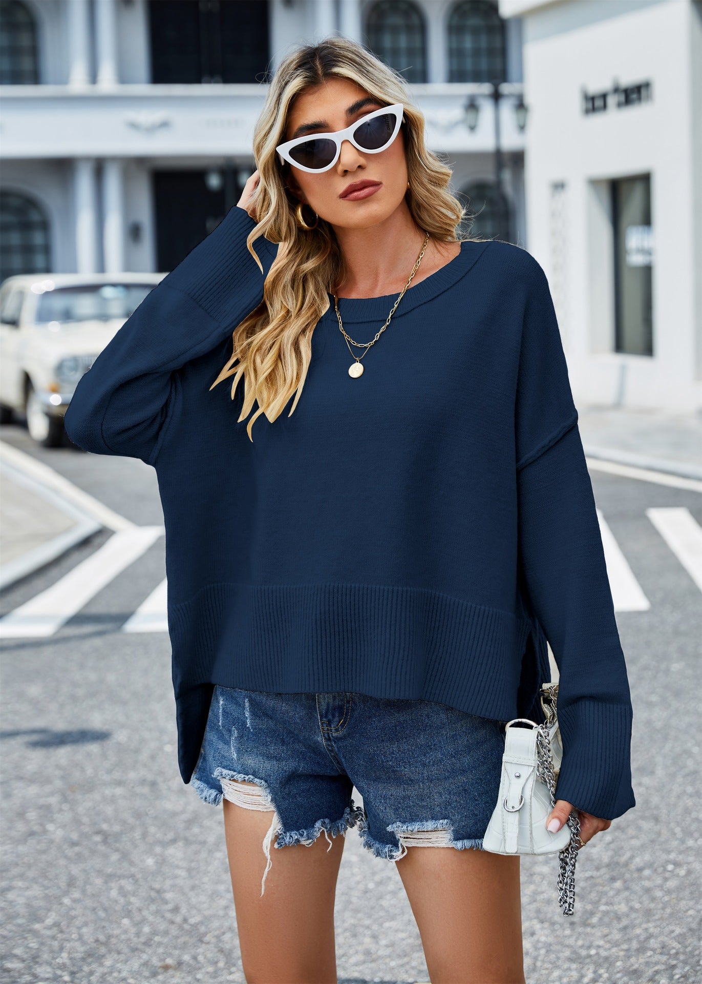 Round-Neck Women's Knitwear Bell-Sleeve Solid-Colour Sweater
