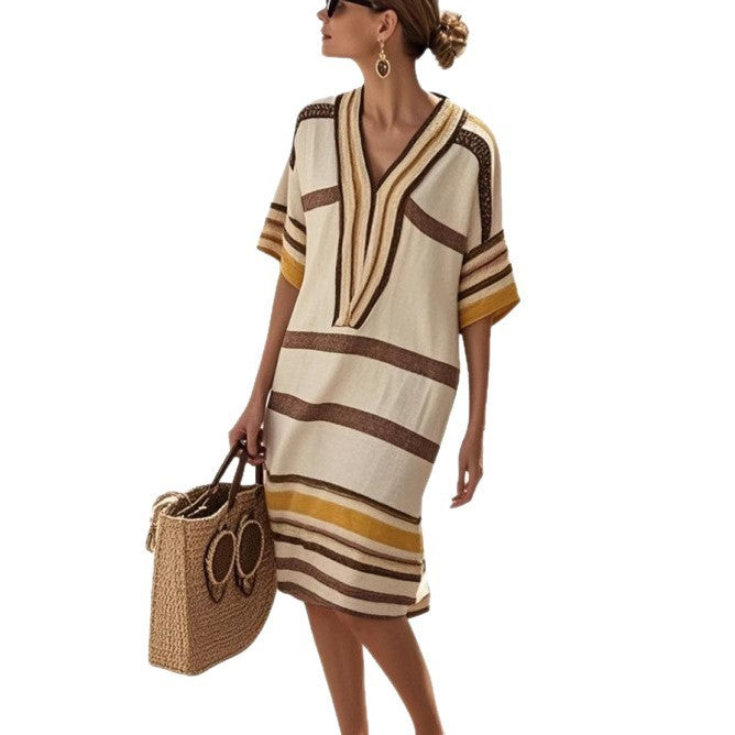 Digital Printing Striped V-Neck Dress