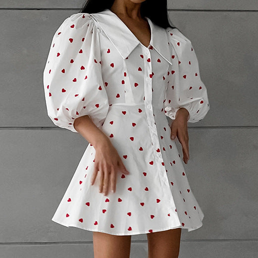 Cotton & Linen Puff-Sleeve High-Waist Short Dress