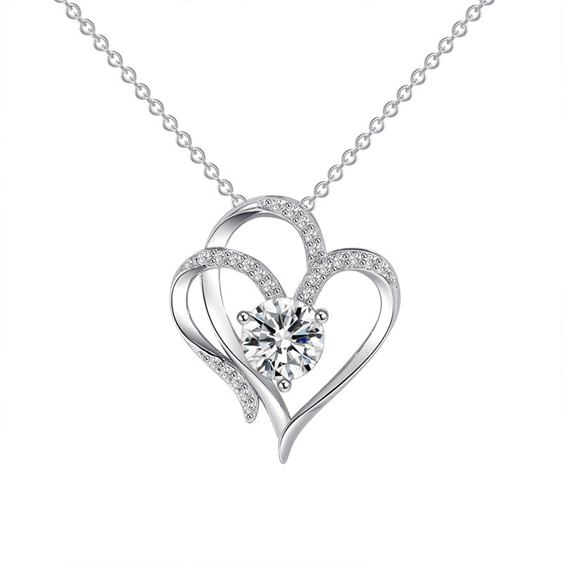 Zircon Double Love Necklace With Rhinestones - Personalised Heart-Shaped Necklace Clavicle Chain Jewellery For Women