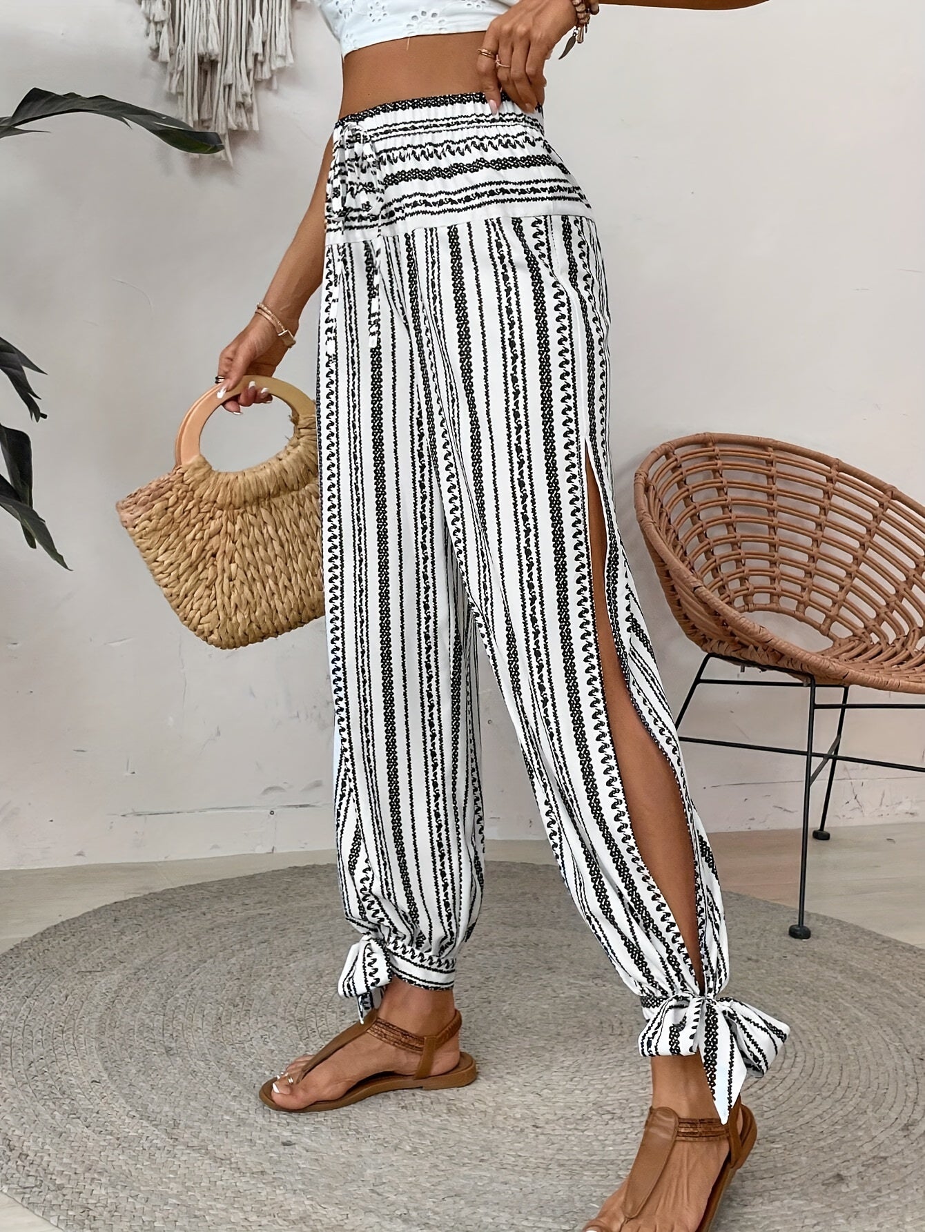 Striped High-Waist Side-Split Knot Trousers