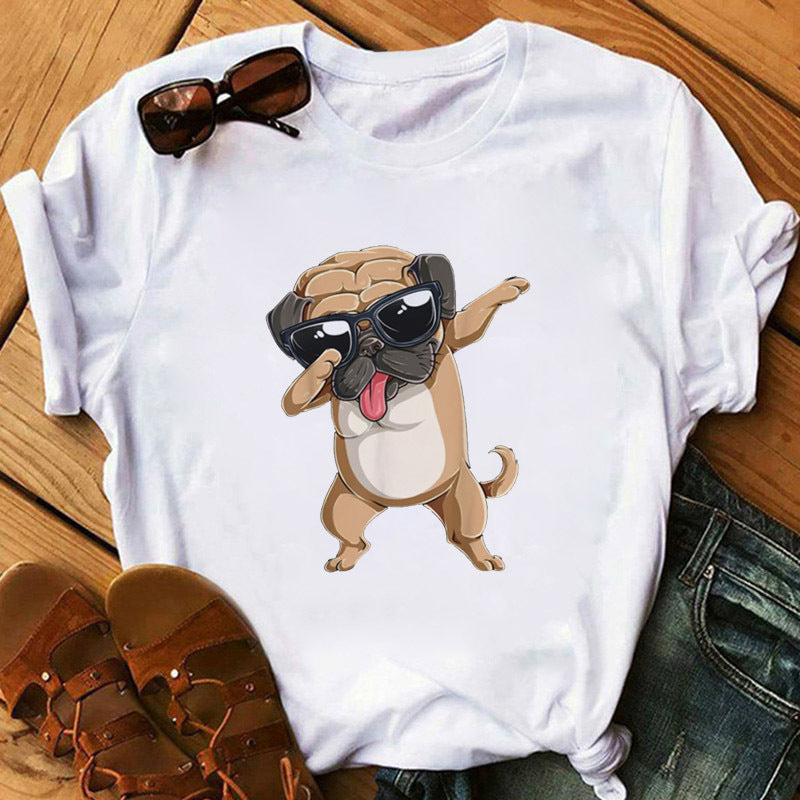 Pug Print Round-Neck Short-Sleeve Women's T-Shirt