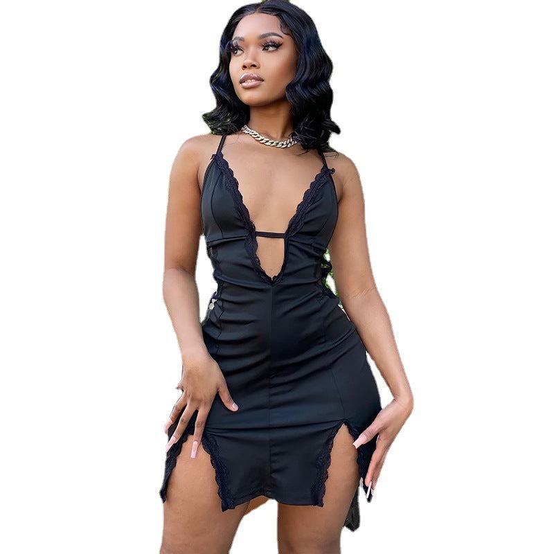 Hollow-Out Cami Lace Patchwork Slit Sheath Dress