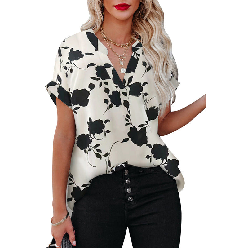 Floral Print Short-Sleeve Shirt For Women