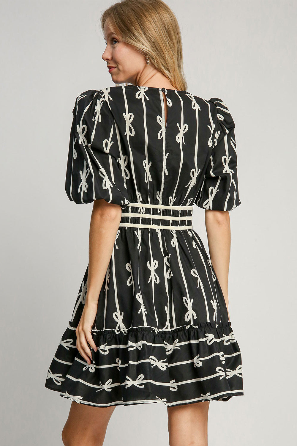 Ribbon Print Frill Contrast Velvet Trim Half-Sleeve Dress - US Only