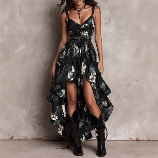 Womens V-Neck Fitted Waist High-Slit Maxi Fashionable Vacation Dress