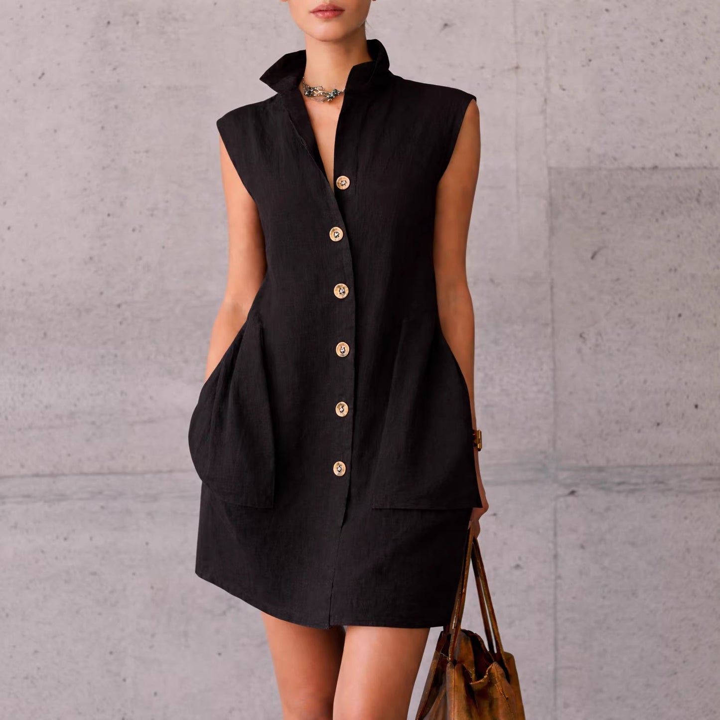 Slimming Sleeveless Stand-Collar Shirt Dress