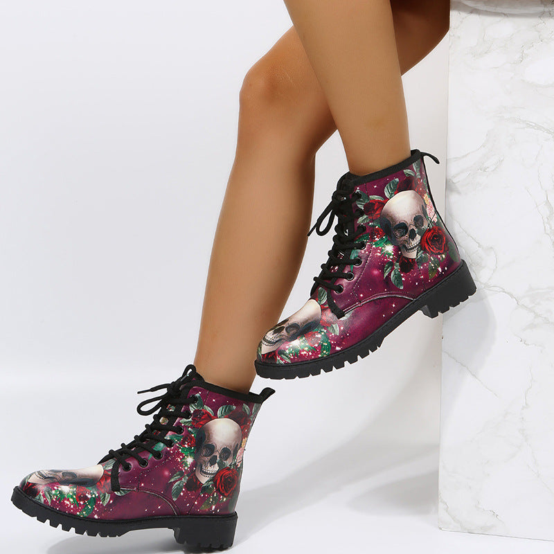 Rose Flower Print Lace-Up Ankle Boots